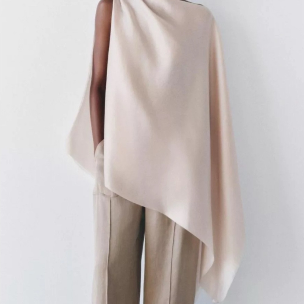 Zara CW collection, beige flowy asymmetrical Cape top NWT